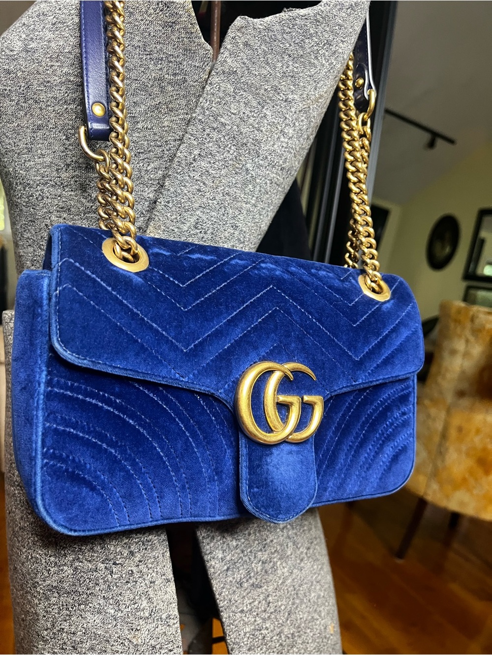 Gucci Royal Blue Velvet GG Marmont Crossbody Bag - Picture 1 of 16